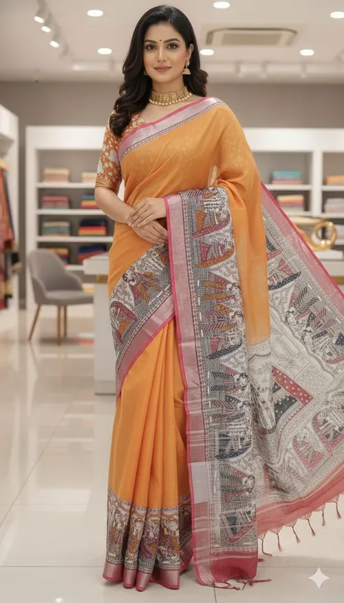 Soft Slub Cotton Madhubani Hand-Printed Saree with Striped Design & Jari Pallu